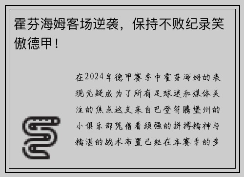 霍芬海姆客场逆袭，保持不败纪录笑傲德甲！