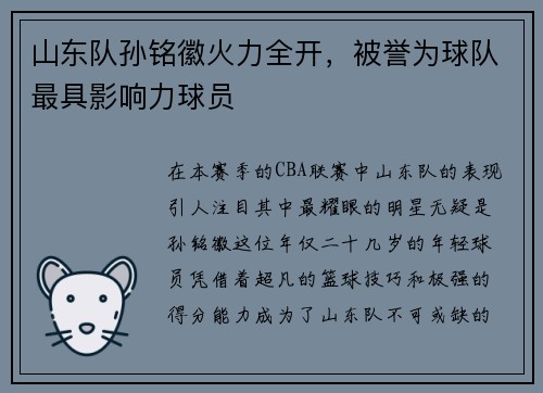 山东队孙铭徽火力全开，被誉为球队最具影响力球员