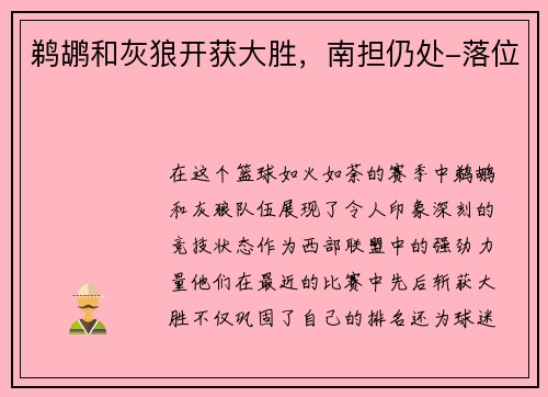 鹈鹕和灰狼开获大胜，南担仍处-落位