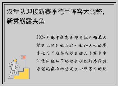 汉堡队迎接新赛季德甲阵容大调整，新秀崭露头角