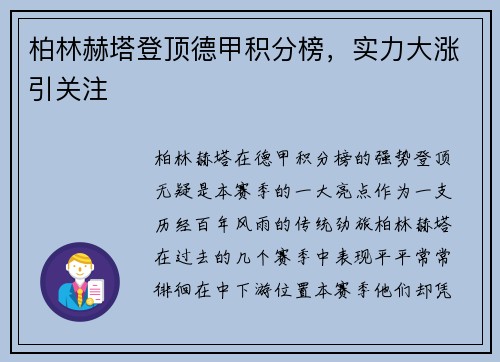 柏林赫塔登顶德甲积分榜，实力大涨引关注