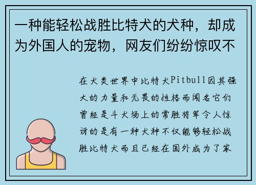 一种能轻松战胜比特犬的犬种，却成为外国人的宠物，网友们纷纷惊叹不已