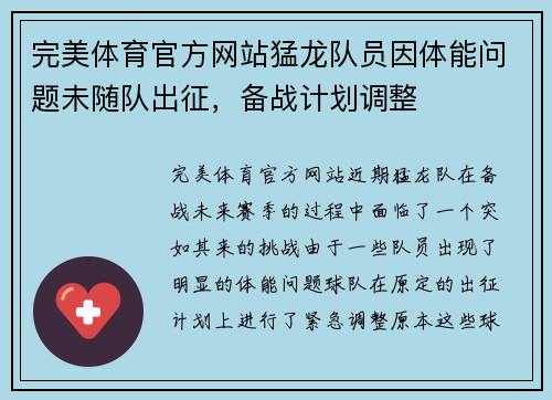完美体育官方网站猛龙队员因体能问题未随队出征，备战计划调整