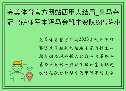 完美体育官方网站西甲大结局_皇马夺冠巴萨亚军本泽马金靴中资队&巴萨小弟