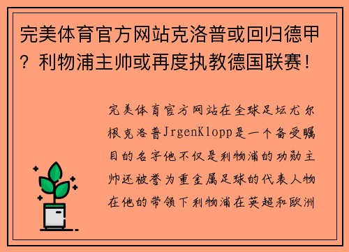 完美体育官方网站克洛普或回归德甲？利物浦主帅或再度执教德国联赛！