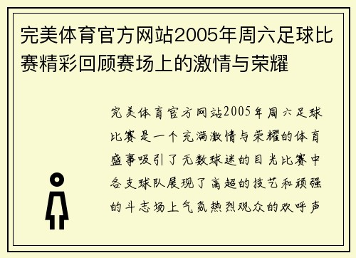 完美体育官方网站2005年周六足球比赛精彩回顾赛场上的激情与荣耀