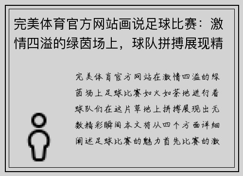 完美体育官方网站画说足球比赛：激情四溢的绿茵场上，球队拼搏展现精彩瞬间